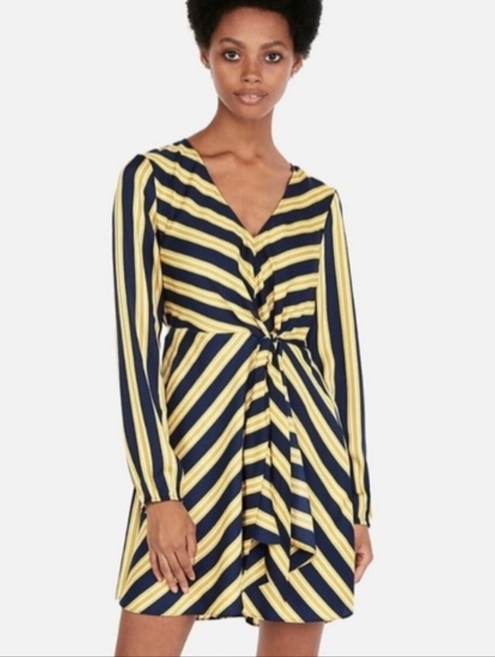 NWT Express Striped Knotted v-neck Long Sleeve Blue White Yellow Dress Size XS